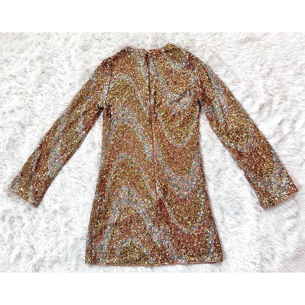 H&M Sequin Dress Mini Bodycon Sz XS Long Sleeve Festive Party Rose Pink Lined - Picture 4 of 9